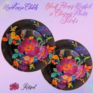 MacKenzie Childs Black Flower Market Enamel 12" Charger Plates Set of 2 Retired